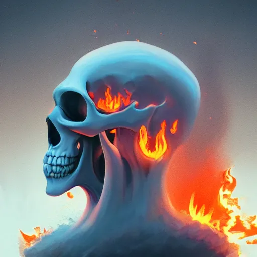 Image similar to A stunning profile of a symmetrical skull engulfed in fire Simon Stalenhag, Trending on Artstation, 8K