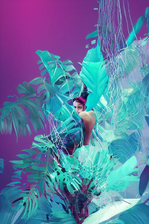 Prompt: epic 3 d abstract spinning hands and feet, teal and plum plasma dripping into asymmetrical monstera and crystals, thick branches plugged into fantastic biotech headsets, houdini sidefx, artstation trending, by gta, jeremy mann, and ilya kuvshinov