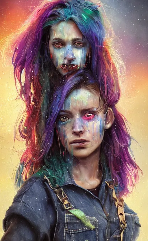 Prompt: apocalypse woman with rainbow hair, drunk, angry, soft eyes and narrow chin, dainty figure, long hair straight down, torn overalls, basic white background, sie boob, in the rain, wet shirt, symmetrical, single person, style of by Jordan Grimmer and greg rutkowski, crisp lines and color,