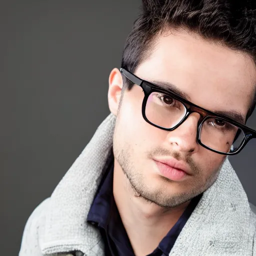 Prompt: a young male model with glasses staring at the camera in a casual jacket, professional portrait photography