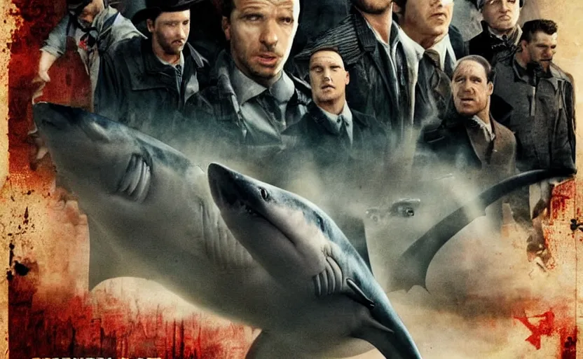 Image similar to schindlers sharknado photorealistic movie poster retro