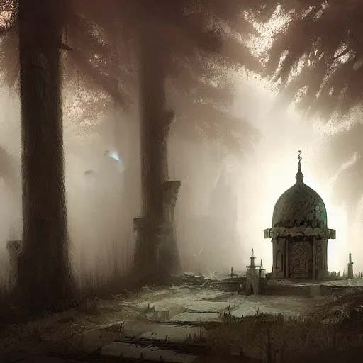 Image similar to abandoned Islamic temple in the woods, dark, moody, foggy by Ian McQue and Andreas Rocha