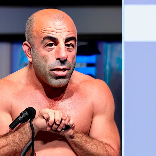 Prompt: Joe Rogan spurting fake news from his meatbits