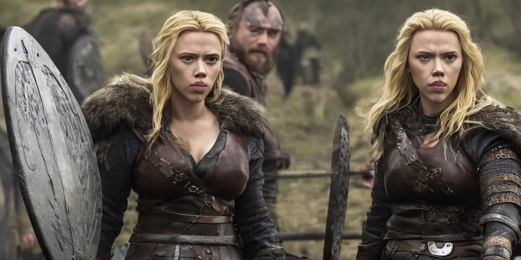 Image similar to Scarlett Johansson playing a shield maiden in the TV series Vikings