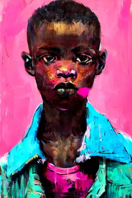 Prompt: portrait of a african young boy nor living in a death postapoliptic world, painted in acrylic, pigment, in the colors hot pink and cyan, beautiful realistic face, rule of thirds, soldier outfit, spotlight, by greg rutkowski, by jeremy mann, by francoise nielly, by van gogh, digital painting