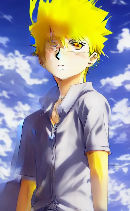 Image similar to Anime key visual of a young boy with spikey yellow hair and lightning powers, portrait, white background, Illustrated by Kohei Horikoshi, high quality face, detailed eyes, big eyes, official media, 8k, anime, detailed, HD, trending on artstation, Illustrated by Makoto Raiku, from my hero academia