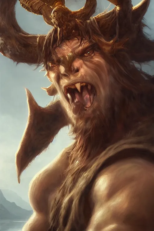 Image similar to dungeons and dragons minotaur character closeup portrait, dramatic light, lake background, 2 0 0 mm focal length, painted by stanley lau, painted by greg rutkowski, painted by stanley artgerm, digital art, trending on artstation