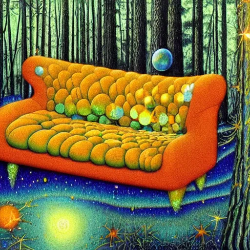 Image similar to psychedelic couch sofa in the pine forest, goose, milky way, designed by moebius, rob gonsalves, gustav dore, giuseppe arcimboldo and carl barks, louis wain, trending on artstation, canada, star, sharp focus, colorful refracted sparkles and lines, soft light, 8 k 4 k