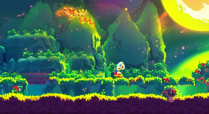 Prompt: Beauiful background level of a 2D Sonic game, Sonic: -1, video game art, pixel art, concept art, starry sky, dreamy and romantic, detailed, trending on artstation