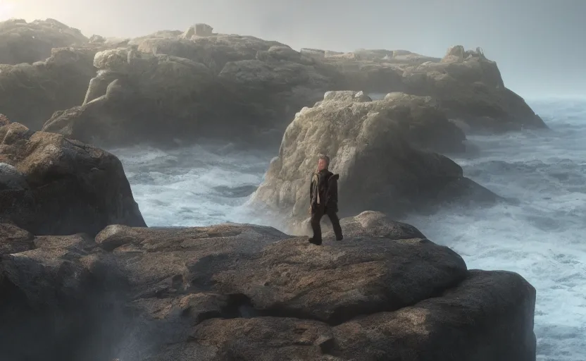 Image similar to no fear, no hesitation, no surprise, no doubt, directed by charlie kaufman ( 2 0 0 1 ) anamorphic lenses, a rocky shore in the foreground, foggy volumetric light morning, a beam of light from the heavens, cinematic trending on artstation in the style of greg rutkowski