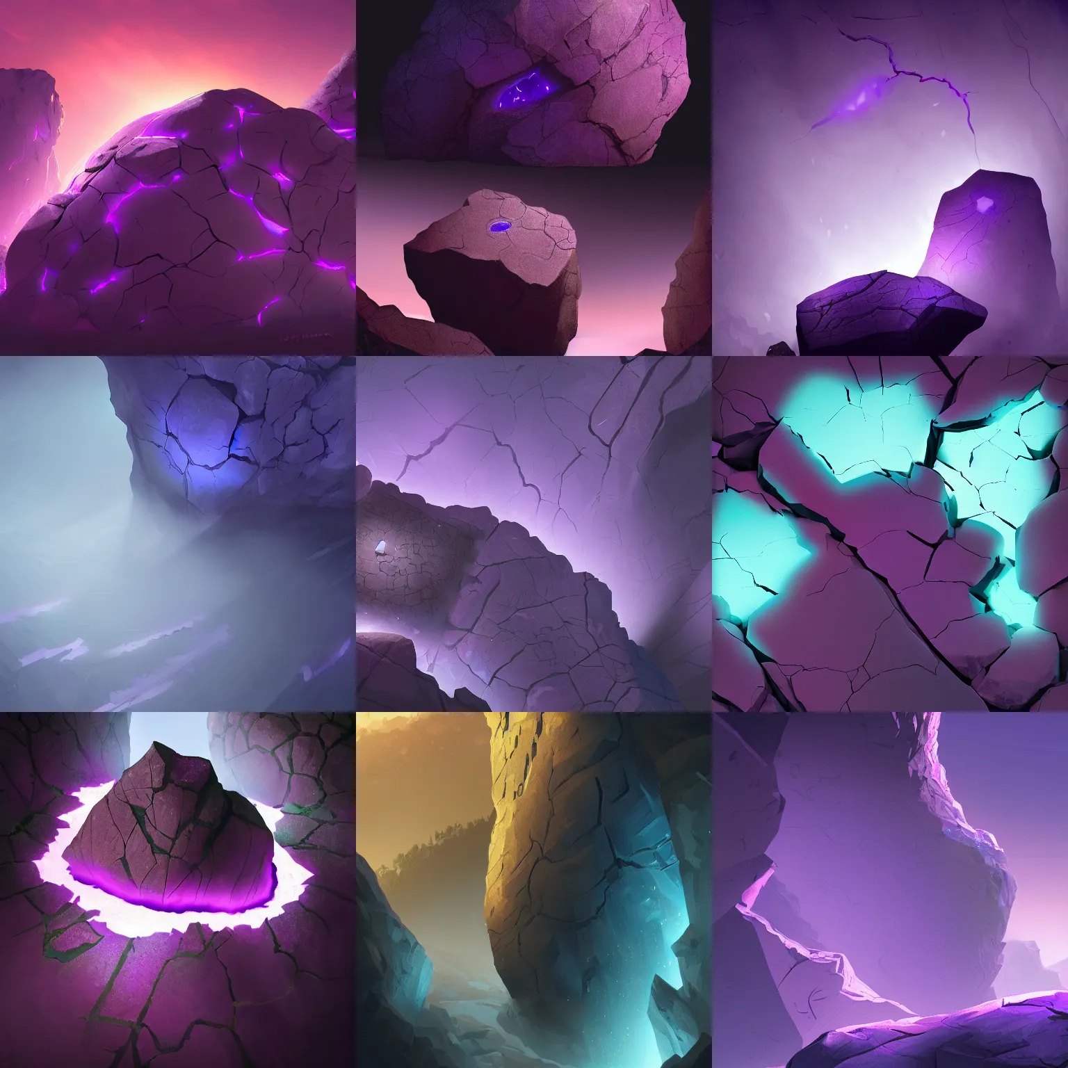 Prompt: a boulder with violet glowing cracks, black background, digital painting, d&d, fantasy, highly detailed, intricate, smooth, artstation, cinematic lighting