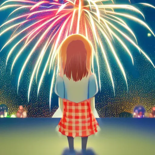 Image similar to Anime girl staring at fireworks, cinematic, Pixar
