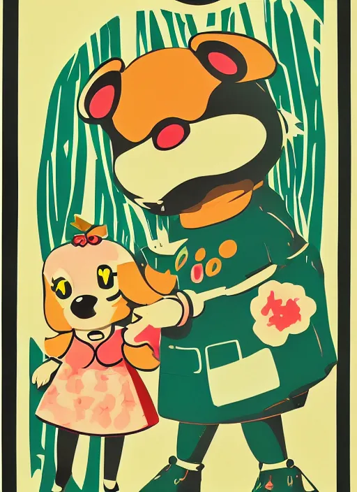 Image similar to Polish posters for Isabelle from Animal Crossing. Screen printed, silkscreen, two-tone paper texture. 1968