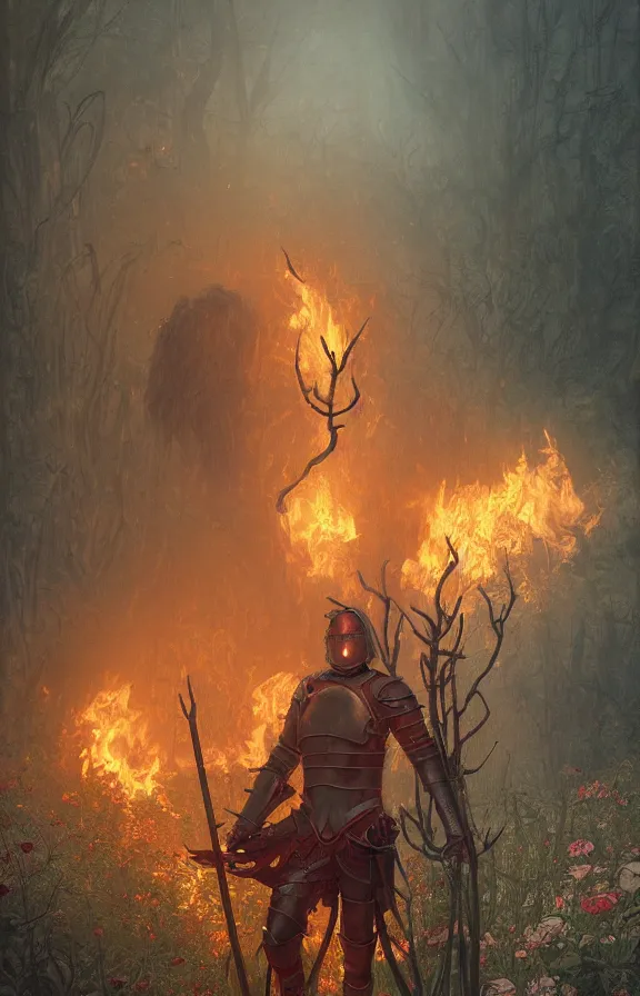 Image similar to portrait of a knight among flowers in dark forest, surrounded by fire and smoke, moody, rim light, dynamic lighting, cinematic shot, gritty, ultra - detail, renderman, physically based render, jean delville, gustave dore and marco mazzoni