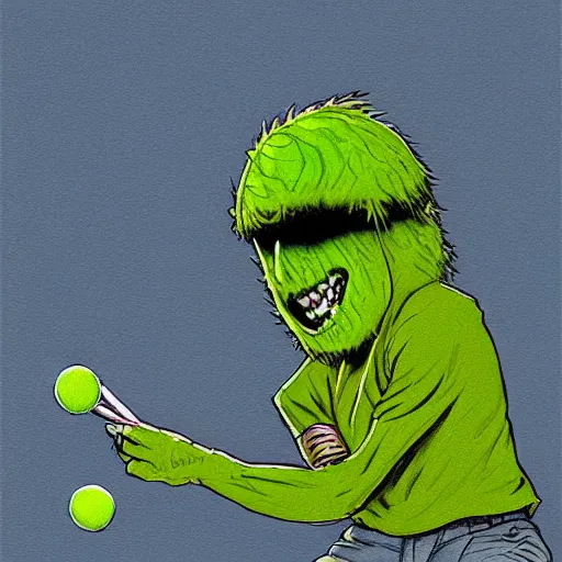 Image similar to a Eminem, marshal Mathers, slim shady tennis ball monster, tennis ball, chalk, digital art, fantasy, magic, trending on artstation, ultra detailed, professional illustration by Basil Gogos
