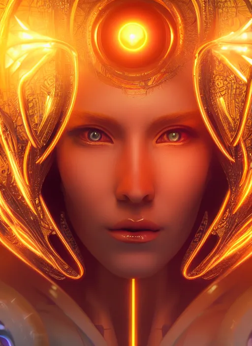 Prompt: photo of a shiny golden female cyborg with a huge digital eye on the forehead matte painting concept art, art nouveau, beautifully backlit, swirly vibrant color lines, fantastically gaudy, aesthetic octane render, 8 k hd resolution,