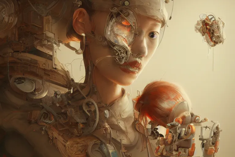 Image similar to hyperrealistic photography of a machine entering a female host in the style of Jin Kagetsu, James Jean and wlop, highly detailed, sharp focus, intricate concept art, digital painting, ambient lighting, 4k, artstation