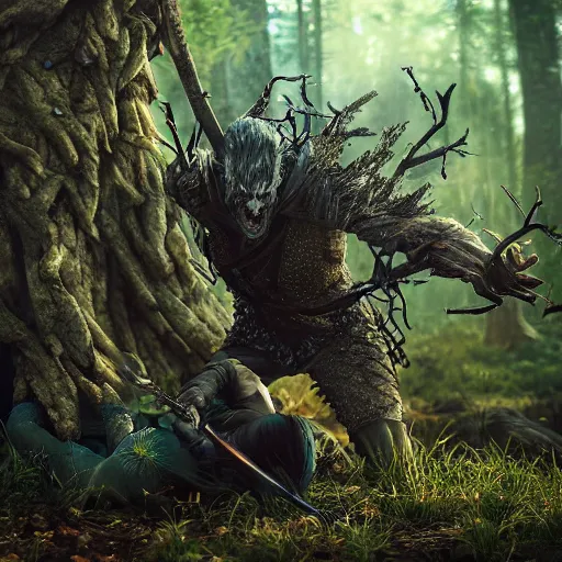 Prompt: a witcher fighting a leshen in the forest, night, detailed, photorealistic, cold, iridescence, anime, highly detailed, sharp focus, concept art, octane render, fluorescence vegetation, soft