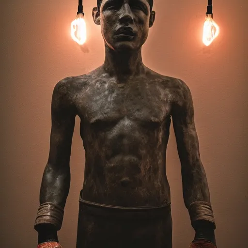 Prompt: a beautiful sculpture of a man made with old textile and boxing gloves, epic lighting, cinematic composition, hyperrealistic, 8 k