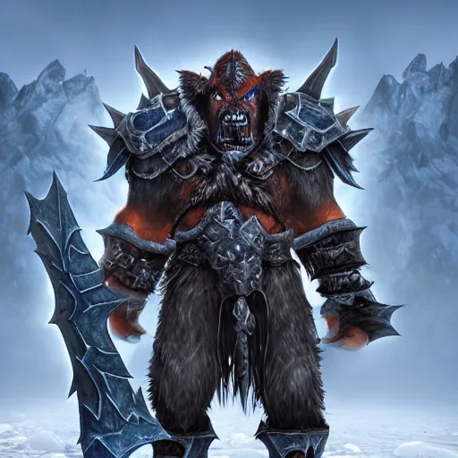 Image similar to world of warcraft orc warrior in spiky epic full plate armor standing in a vast icy lands and dark icy mounatins in the background, extremely detailed, wow, cinematic, unreal engine 5, artistic, movie poster, world of warcraft cinematics style