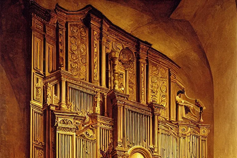 Prompt: pipe organ intricately carved from dark smoke, high detail baroque oil painting, alan lee, caravaggio, michelangelo
