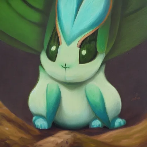 Prompt: Leavanny standing over a defeated rockruff, oil on canvas