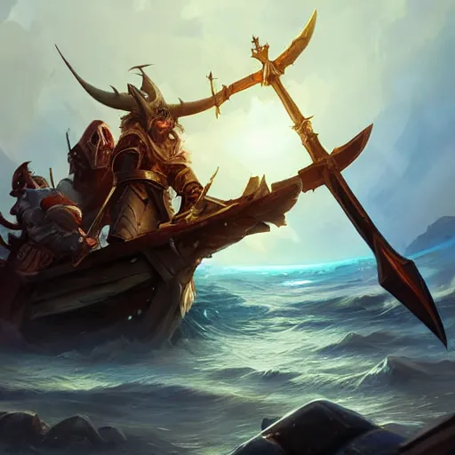 Image similar to arcane style viking battleship, viking spears and axes. spear and axes, sea background, bright art masterpiece artstation. 8 k, sharp high quality artwork in style of greg rutkowski, concept art by tooth wu, blizzard warcraft artwork, hearthstone card artwork