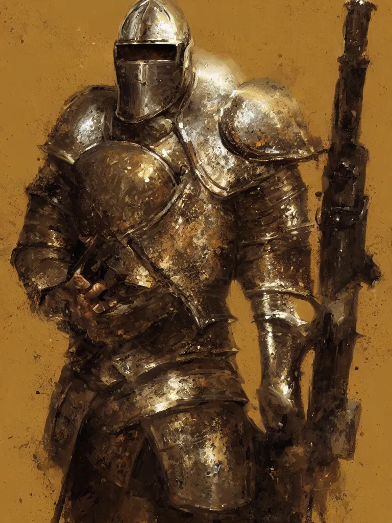 Image similar to A medieval knight with his helm off, holding a .44 Magnum, painted by Craig Mullins, trending on ArtStation