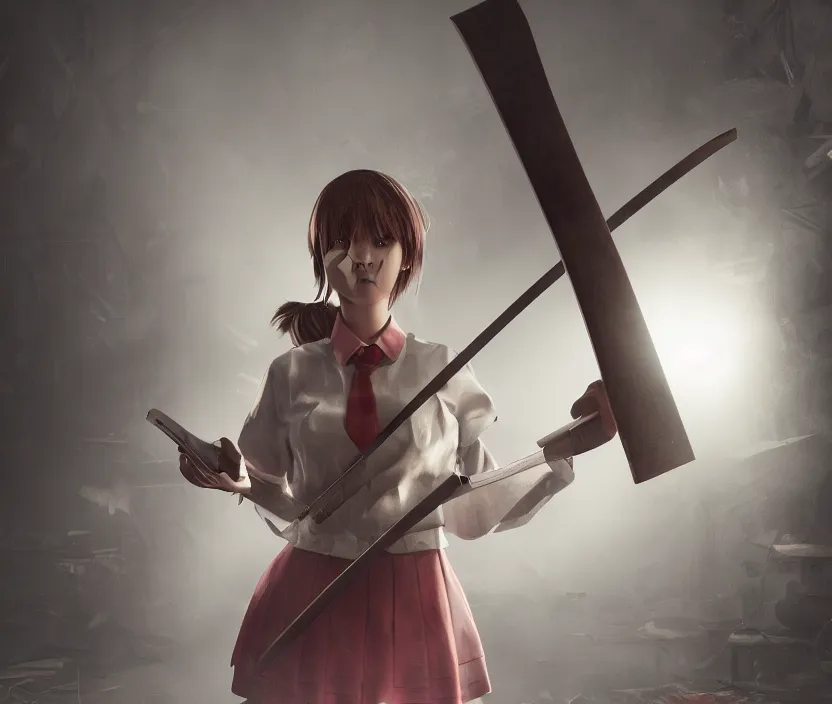 Image similar to School girl holding a katana and standing on an abandoned hospital room, gloomy and foggy atmosphere, octane render, artstation trending, horror scene, highly detailded