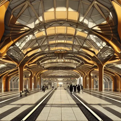 Image similar to elaborate and beautiful train station hall filled with travelers, designed by zaha hadid, bold colored walls, tall ceilings, large windows, lots of bold colors, unique architecture, sunbeams unreal engine 5 render, keyshot render, octane render, ultra high detail, ultra realistic, 8k