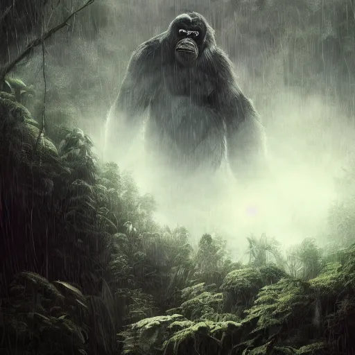 Image similar to King Kong in the forest in the storm, fantasy art, in the style of greg rutkowski, illustration, epic, fantasy, intricate, hyper detailed, artstation, concept art, smooth, sharp focus, ray tracing