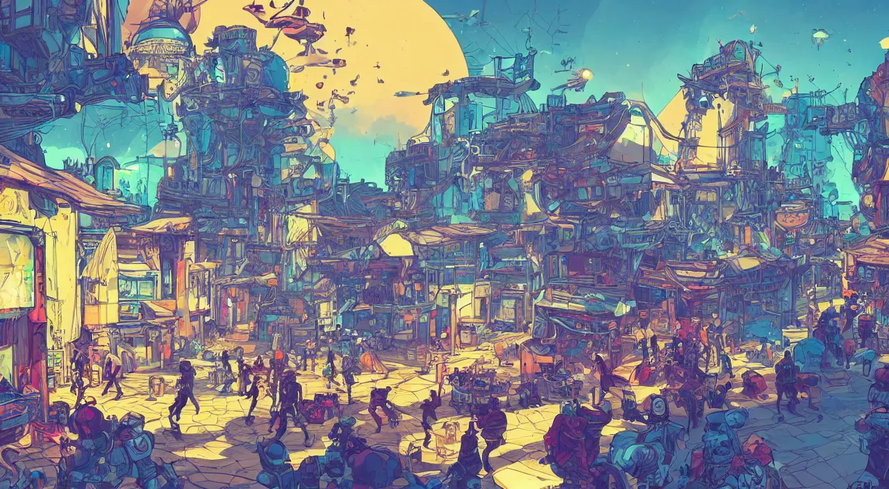 Image similar to bazaar zouk oriantal full color sky shine place mosquet painting stylized cutout vector digital illustration video game icon global illumination ray tracing that looks like it is from borderlands by victo ngai, andreas rocha, john harris and feng zhu and loish and laurie greasley,