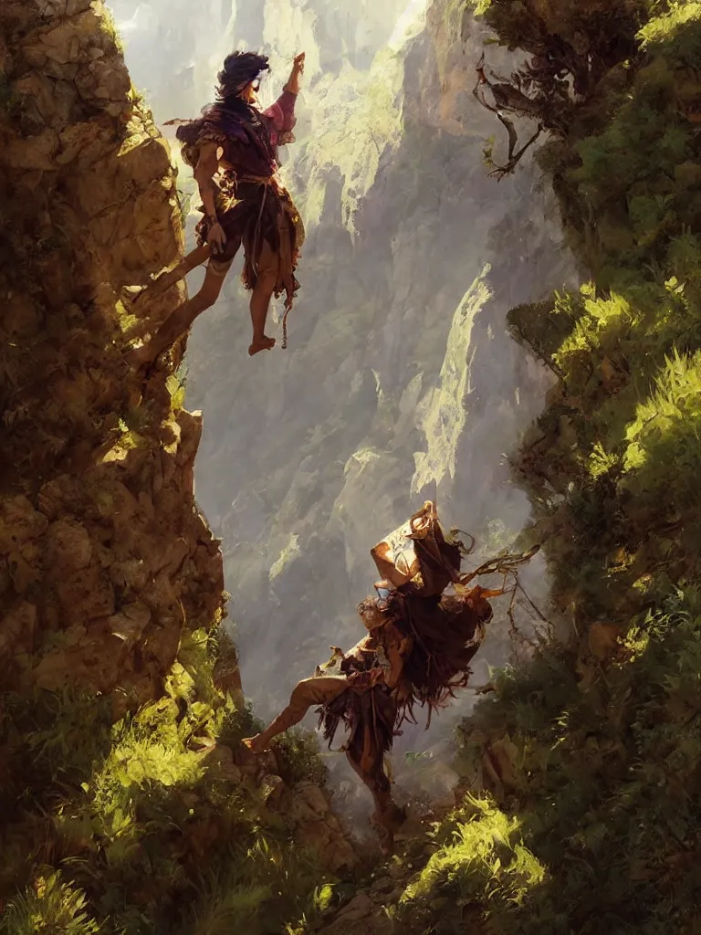 Prompt: oil art close - up of young roma mage adventurer climbing down a cliffside in style of disco elysium character, gipsy jester character design from ravenloft, art by anders zorn, wonderful masterpiece by greg rutkowski, beautiful cinematic light, american romanticism by greg manchess, jessica rossier