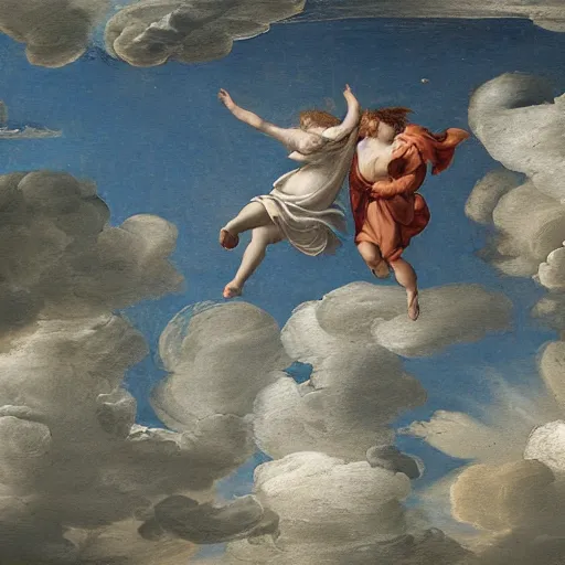 Prompt: running and falling on clouds, 4k, post-processing, detailed, Renaissance painting