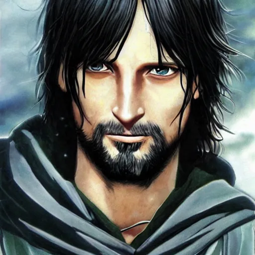 Image similar to aragorn in an anime world, incredibly detailed, ultra realistic