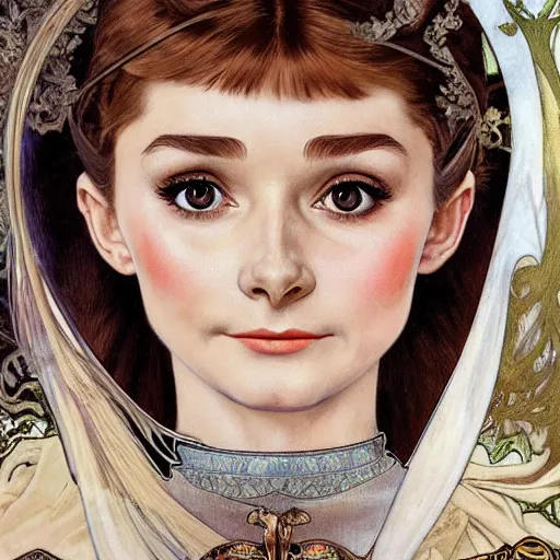 Prompt: realistic detailed face portrait of 14-year old Audrey Hepburn as Joan of Arc with open mouth and anxious eyes by Alphonse Mucha, Ayami Kojima, Amano, Charlie Bowater, Karol Bak, Greg Hildebrandt, Jean Delville, and Mark Brooks, Art Nouveau, Neo-Gothic, gothic, rich deep colors