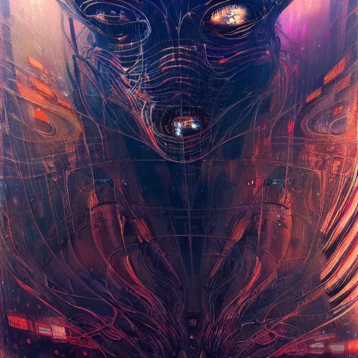 Image similar to beautiful painting of the arterial complex of a glitched alien metropolis in the style of Francis Bacon, Karol Bak, Daturahex and Jesse Kanda. Dark background, detailed, trending on Artstation