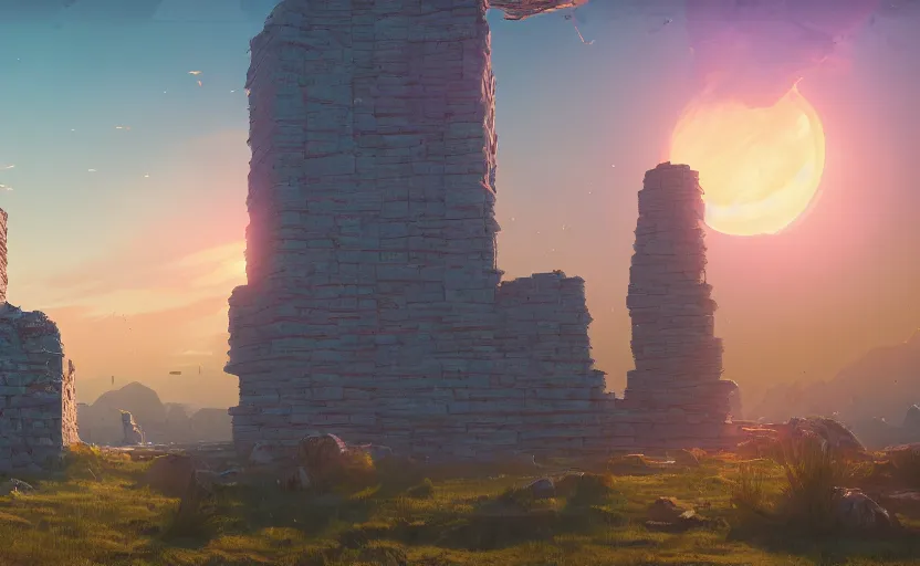 Image similar to A landscape with a giant stone brick tower with pillars on top at sunset, magical portal, cyberpunk, Low level, rendered by Beeple, Makoto Shinkai, syd meade, simon stålenhag, environment concept, synthwave style, digital art, unreal engine, WLOP, trending on artstation, 4K UHD image, octane render