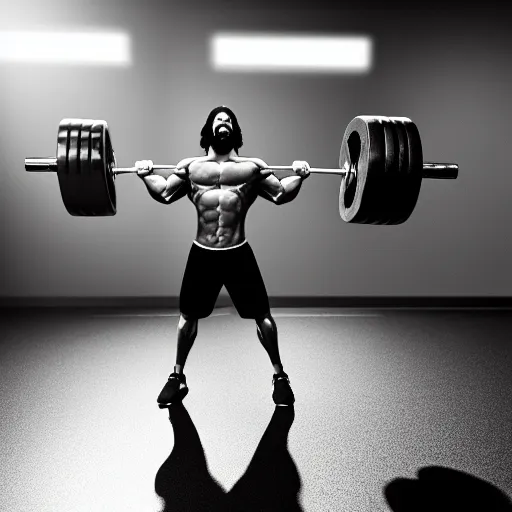 Image similar to Jesus lifting weights in gym, photorealistic, 4K