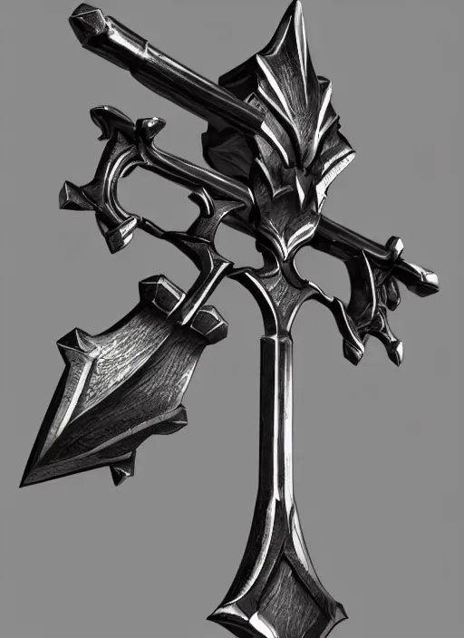 Prompt: a black great sword mini skull crest, orthographic, ornament, weapon, a 3 d render by dom qwek, front side full, trending on polycount, artstation, hard surface modeling, rendered in maya, zbrush, blender, hd, vray, berserk, symmetry