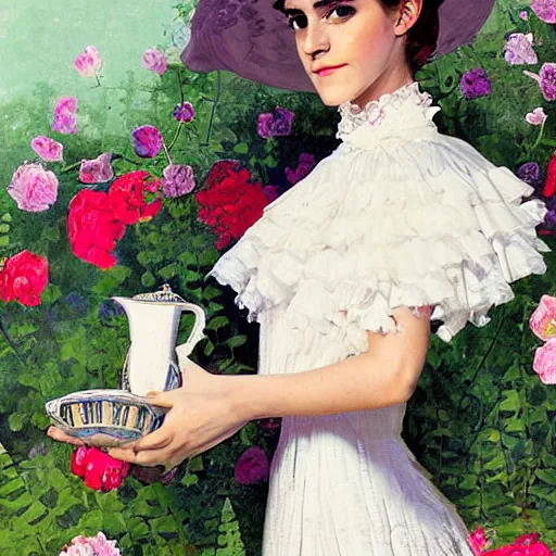 Image similar to On Construction Paper full body fashion model emma watson by Winslow Homer smokey eyes makeup eye shadow fantasy, glow, shimmer as victorian woman in a long white frilly lace dress and a large white hat having tea in a sunroom filled with flowers, roses and lush fern flowers ,intricate, night, highly detailed, dramatic lighting , high quality