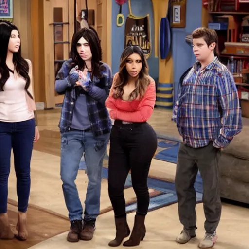 Image similar to Icarly with kim kardashian as Carly, 8k full HD photo, cinematic lighting, anatomically correct, oscar award winning, action filled, correct eye placement,