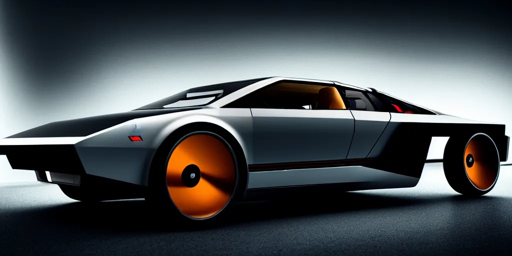 Image similar to a design of a futuristic DMC Delorian, designed by Polestar, blade runner background, stained antique copper car paint, white wheel rims, black windows, sportscar, dark show room, dramatic lighting, hyper realistic render, depth of field