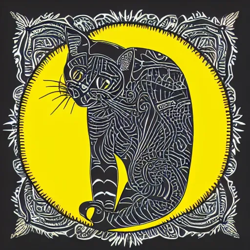 Image similar to tattoo sketch of a cat hugging the sun, on a yellow paper, uzbekistan ornament, line art, vector