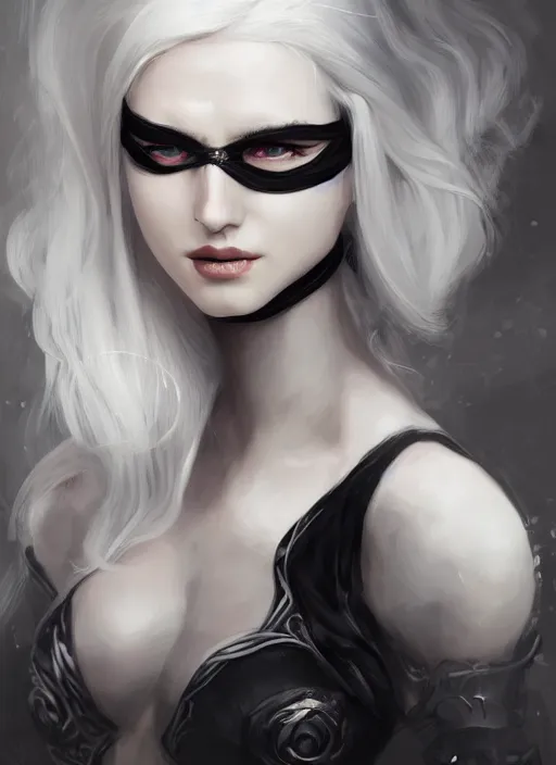 Prompt: a highly detailed illustration of white haired pale lady wearing black blindfold, dramatic standing pose, intricate, elegant, highly detailed, centered, digital painting, artstation, concept art, smooth, sharp focus, league of legends concept art, wlop