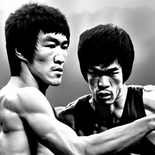 Image similar to Bruce Lee fights against Khabib Nurmagomedov in the UFC,