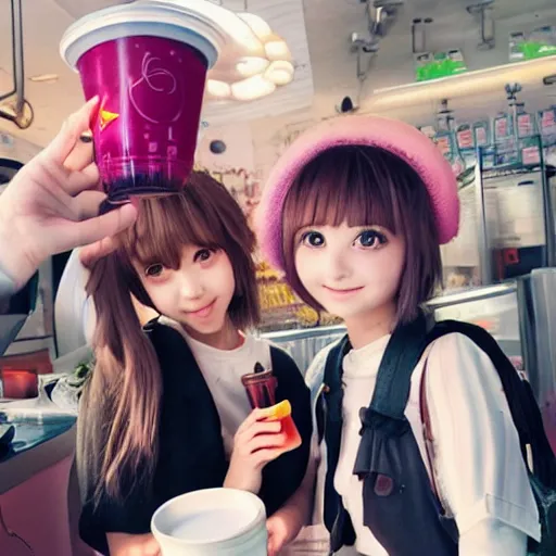 Prompt: Cute anime girls drinking bubble tea, 2021