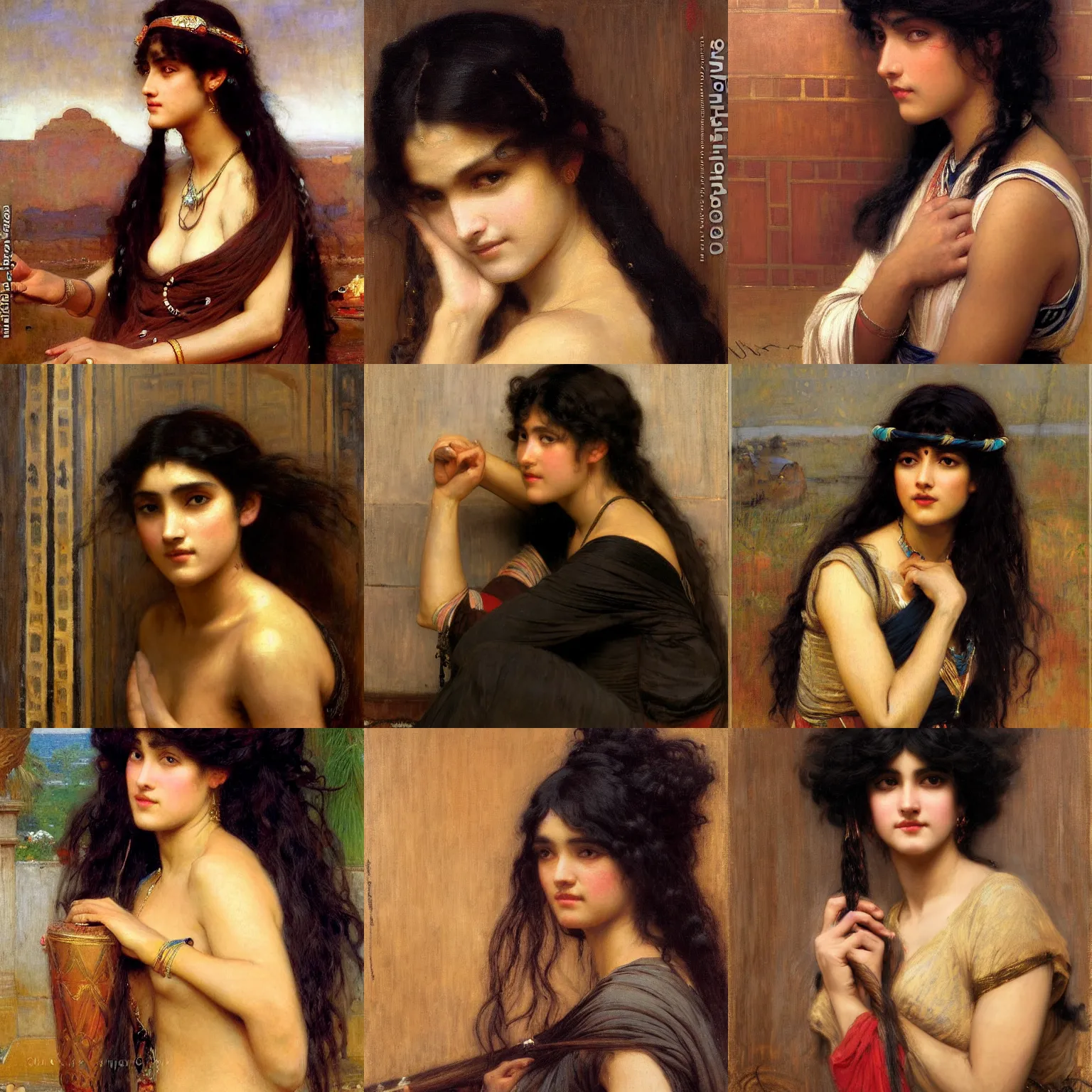 Image similar to orientalist painting of bangs, curly black hair woman with brown skin portrait by john william waterhouse and Edwin Longsden Long and Theodore Ralli and gaston bussiere. Cinematic, hyper realism, dramatic lighting, high detail 8k