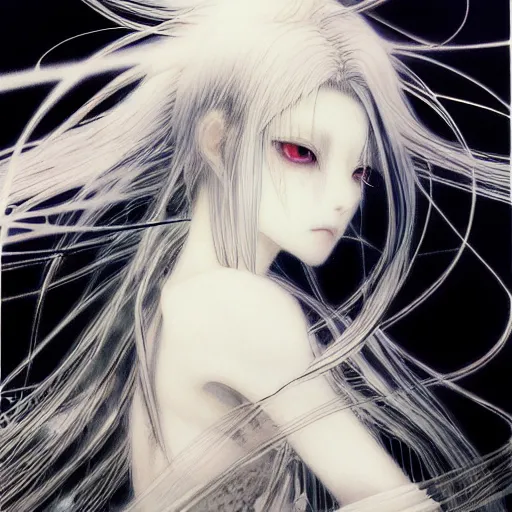 Image similar to yoshitaka amano blurred and dreamy realistic illustration of an anime girl with wavy white hair and cracks on her face wearing elden ring armour with the cape fluttering in the wind, abstract black and white patterns on the background, noisy film grain effect, highly detailed, renaissance oil painting, weird portrait angle