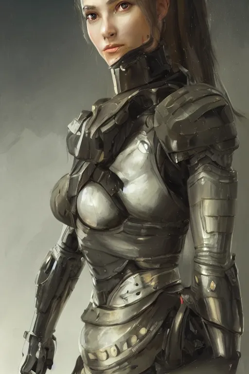 Image similar to a professionally painted portrait of an attractive young woman, clothed in military armor, olive skin, long dark hair, beautiful bone structure, symmetrical facial features, intricate, elegant, digital painting, trending on Artstation, concept art, smooth, sharp focus, illustration, from Metal Gear by Ruan Jia and Mandy Jurgens and Artgerm and William-Adolphe Bouguerea, award winning